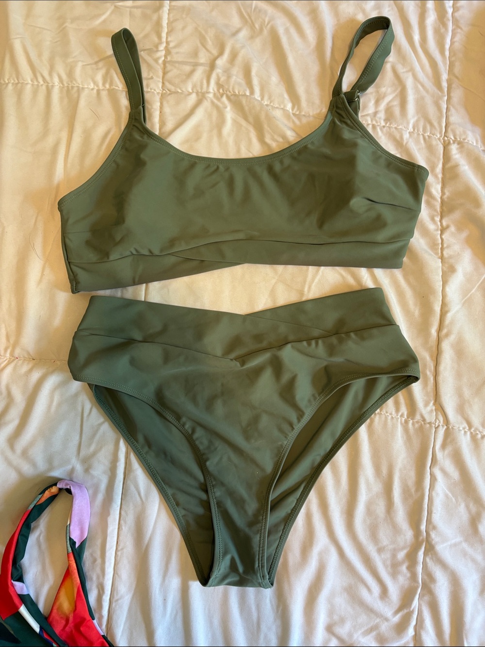 SHEIN Olive Green Scoop Neck High-Waist Bikini Set